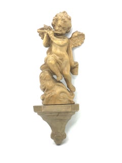 Hand Carved 20th Century Wooden Cherub Angel Playing Flute and Wall Console
