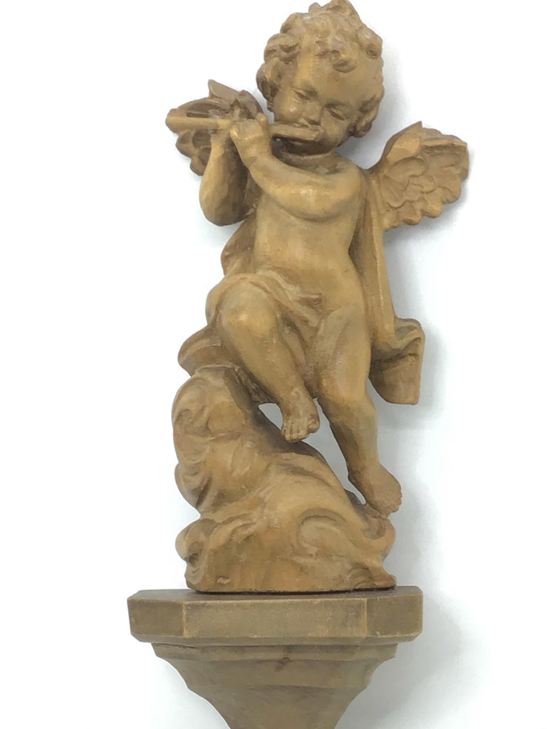 Hand Carved 20th Century Wooden Cherub Angel Playing Flute and Wall Console  For Sale at 1stDibs
