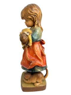 Hand Carved 20th Century Wooden Girl with Doll and Cat Figure by ANRI, Italy
