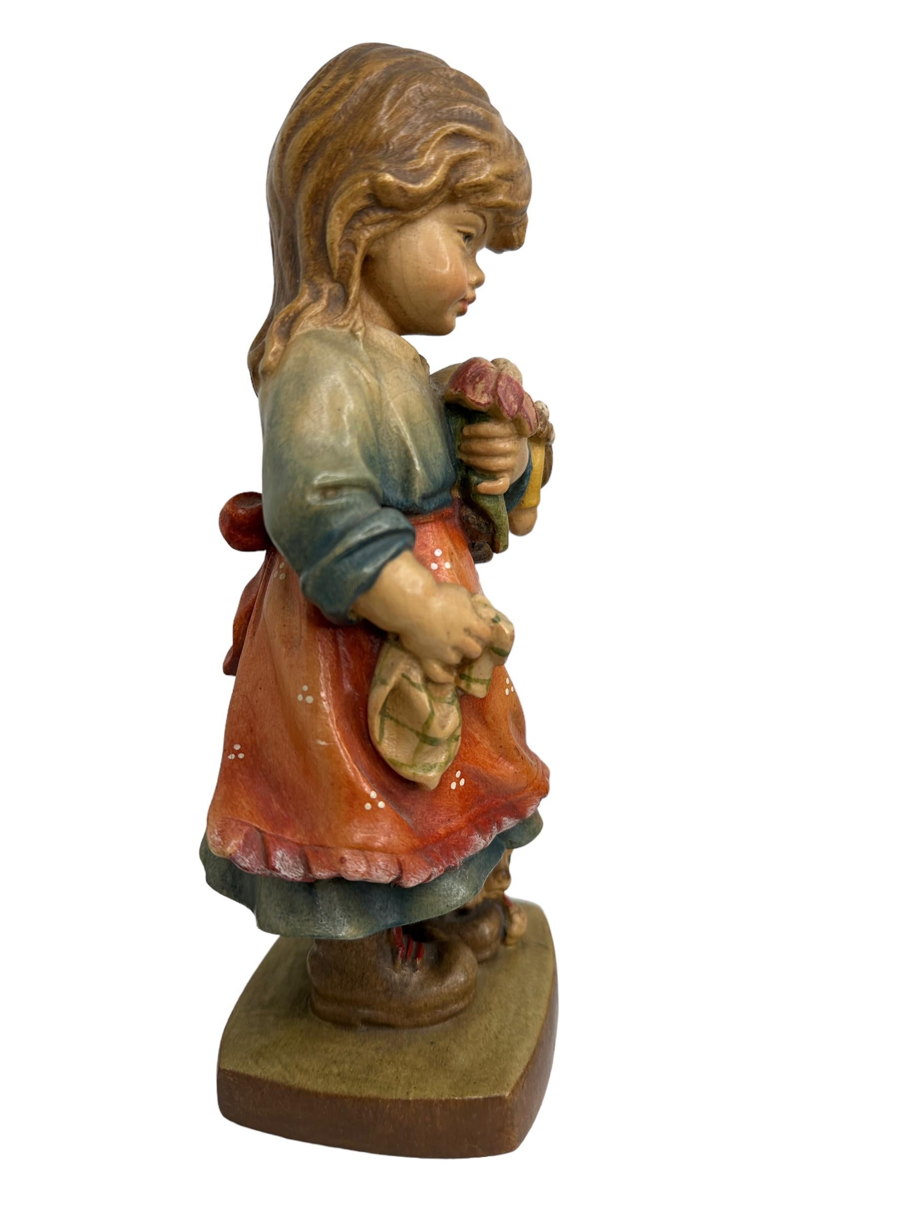 Italian Hand Carved 20th Century Wooden Girl with Doll and Cat Figure by ANRI, Italy For Sale