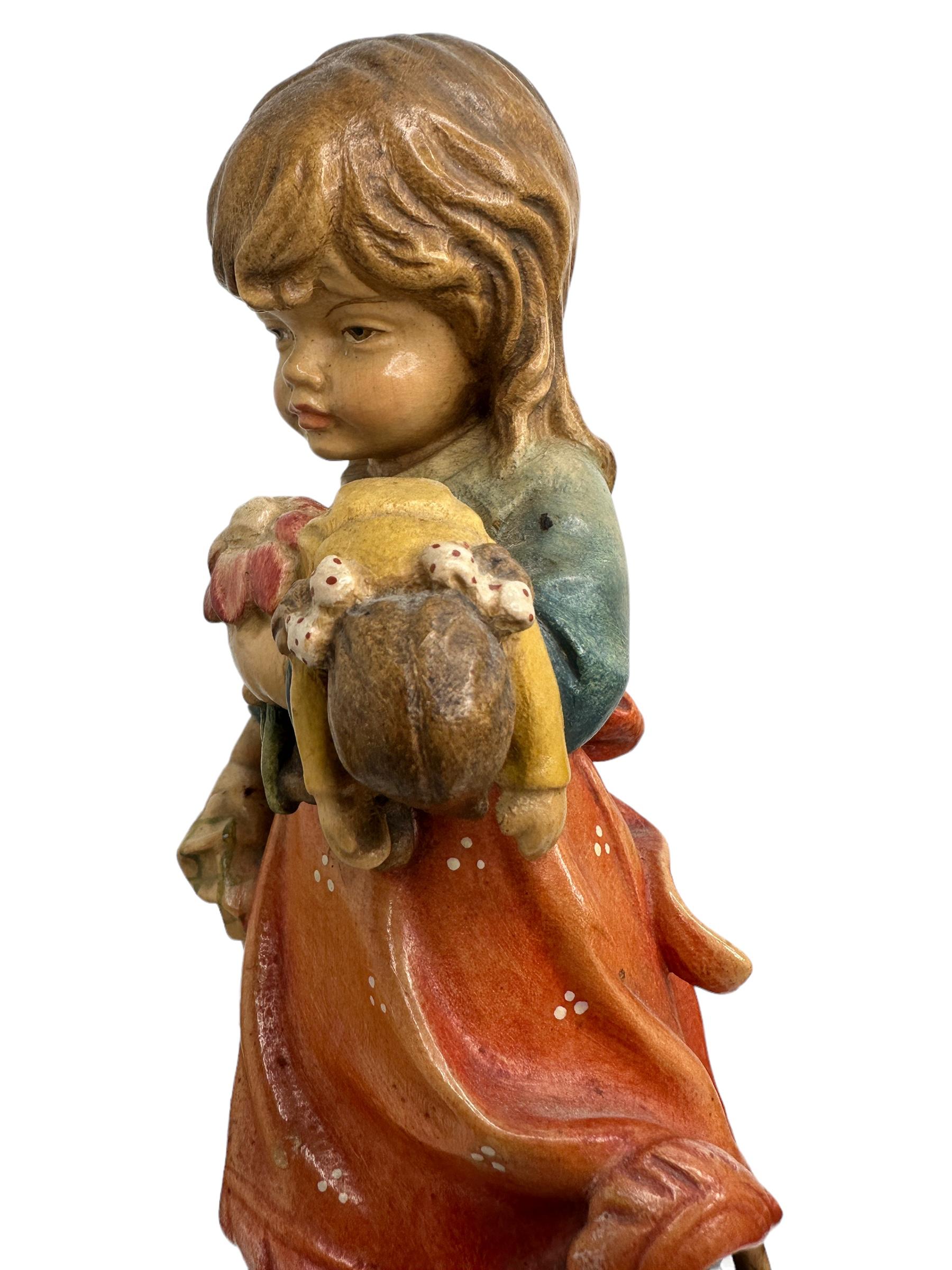 Late 20th Century Hand Carved 20th Century Wooden Girl with Doll and Cat Figure by ANRI, Italy For Sale