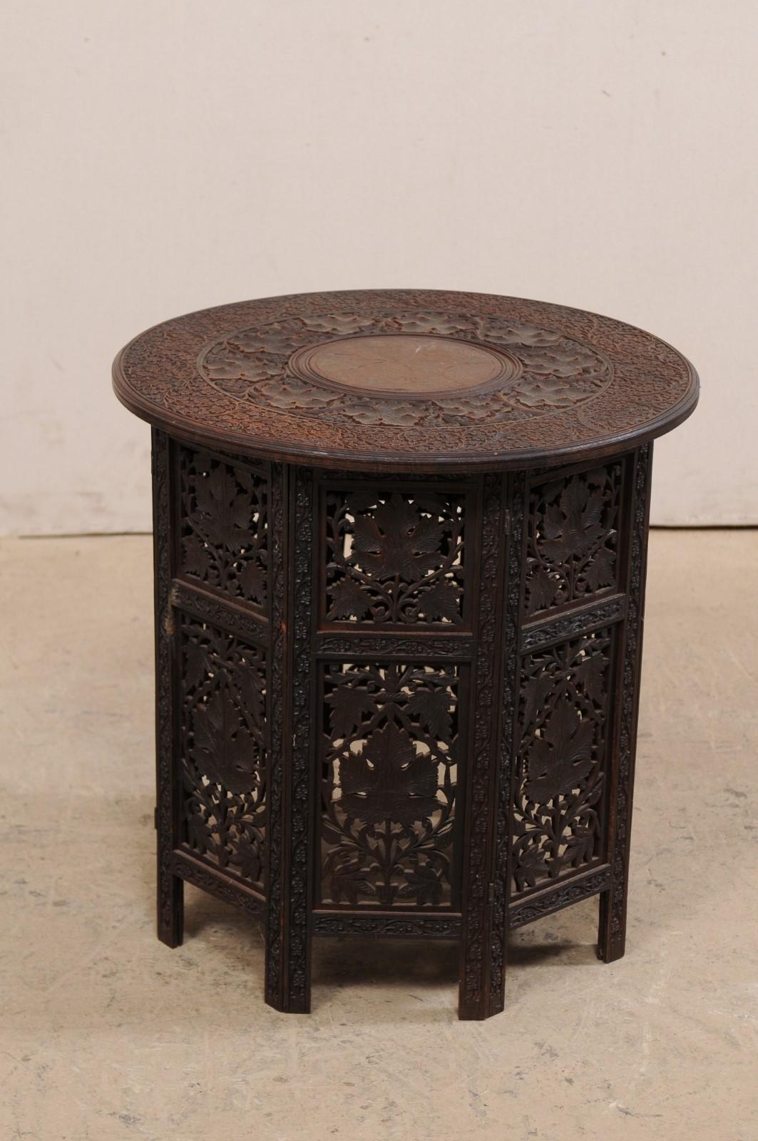 Hand Carved Round Anglo-Indian Tea or Side Table, Vining Foliage Motif 4