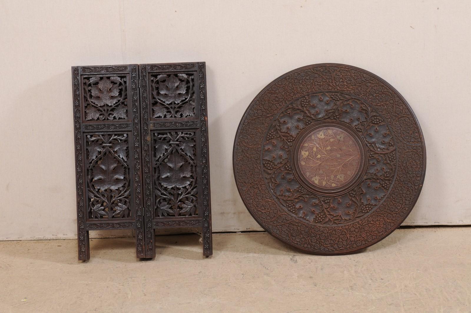 Hand Carved Round Anglo-Indian Tea or Side Table, Vining Foliage Motif 5