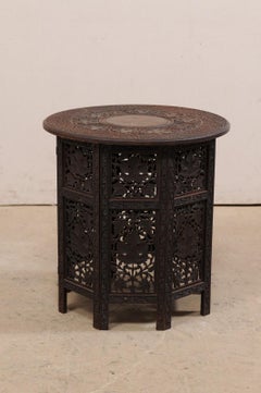Hand Carved Round Anglo-Indian Tea or Side Table, Vining Foliage Motif