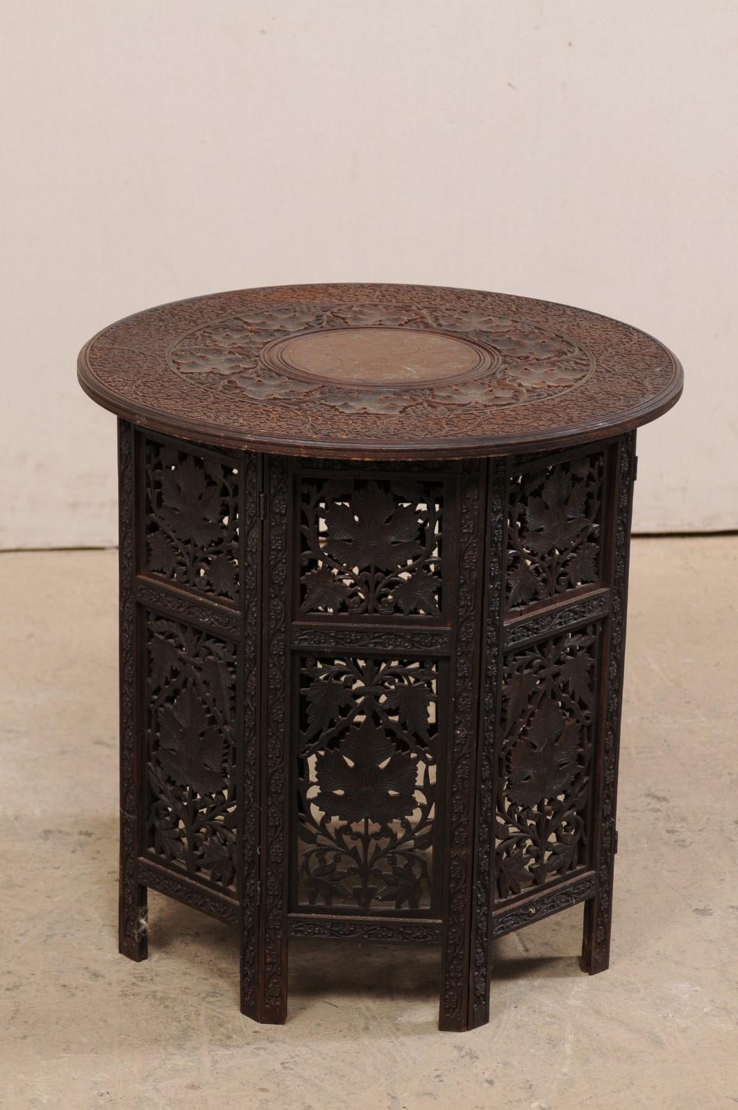 20th Century Hand Carved Round Anglo-Indian Tea or Side Table, Vining Foliage Motif