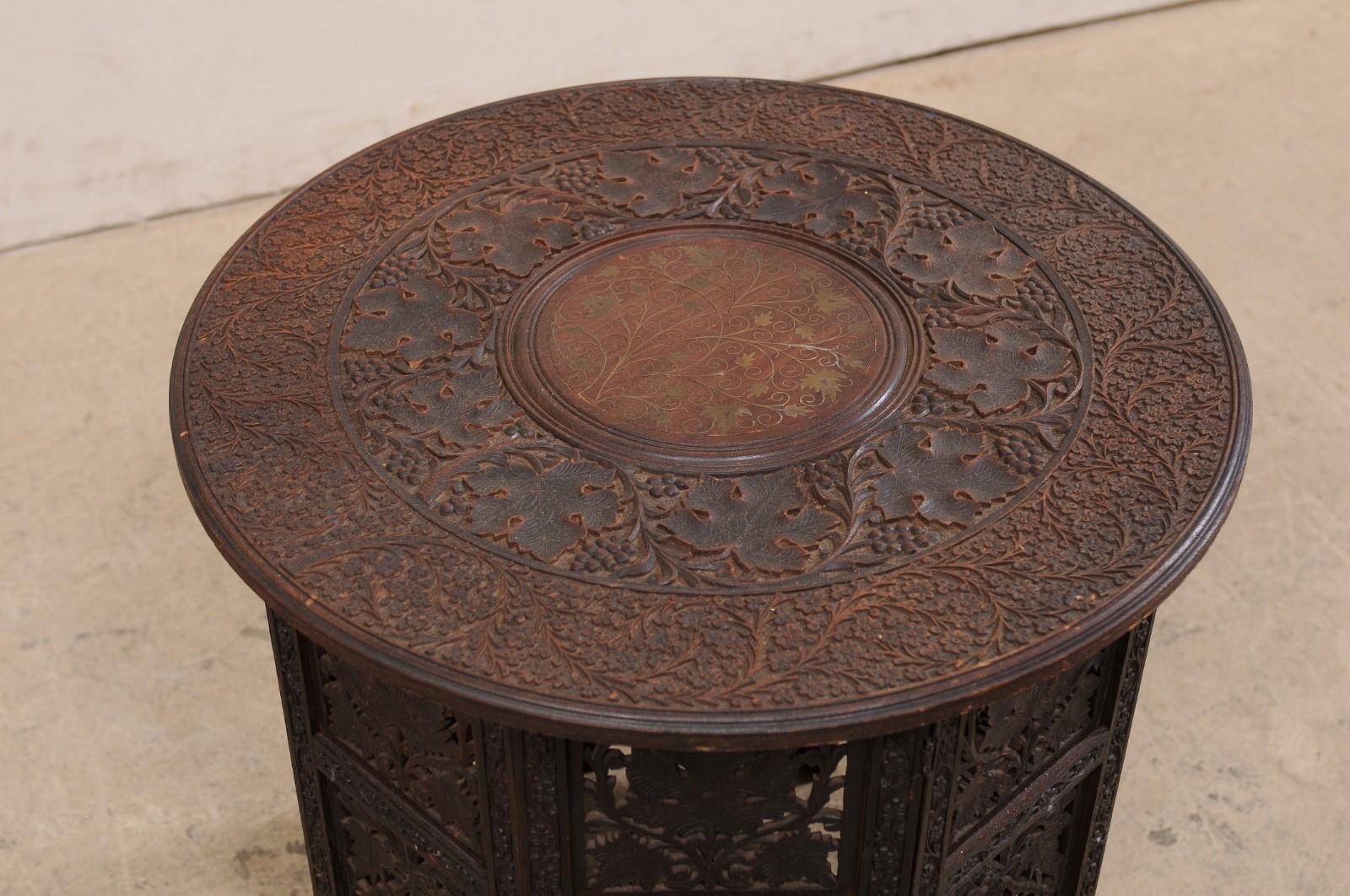 Hand Carved Round Anglo-Indian Tea or Side Table, Vining Foliage Motif 1