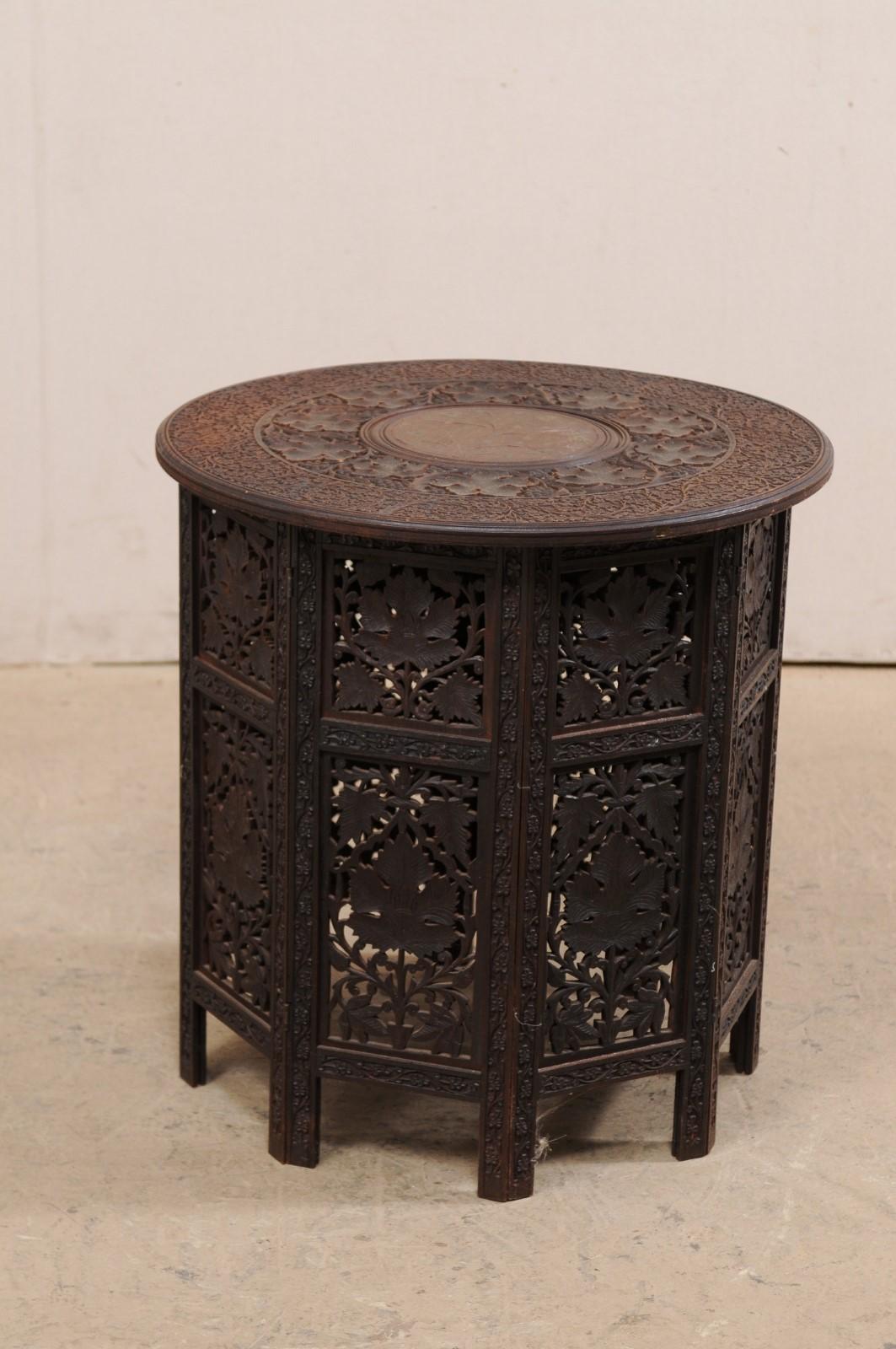 Hand Carved Round Anglo-Indian Tea or Side Table, Vining Foliage Motif 2