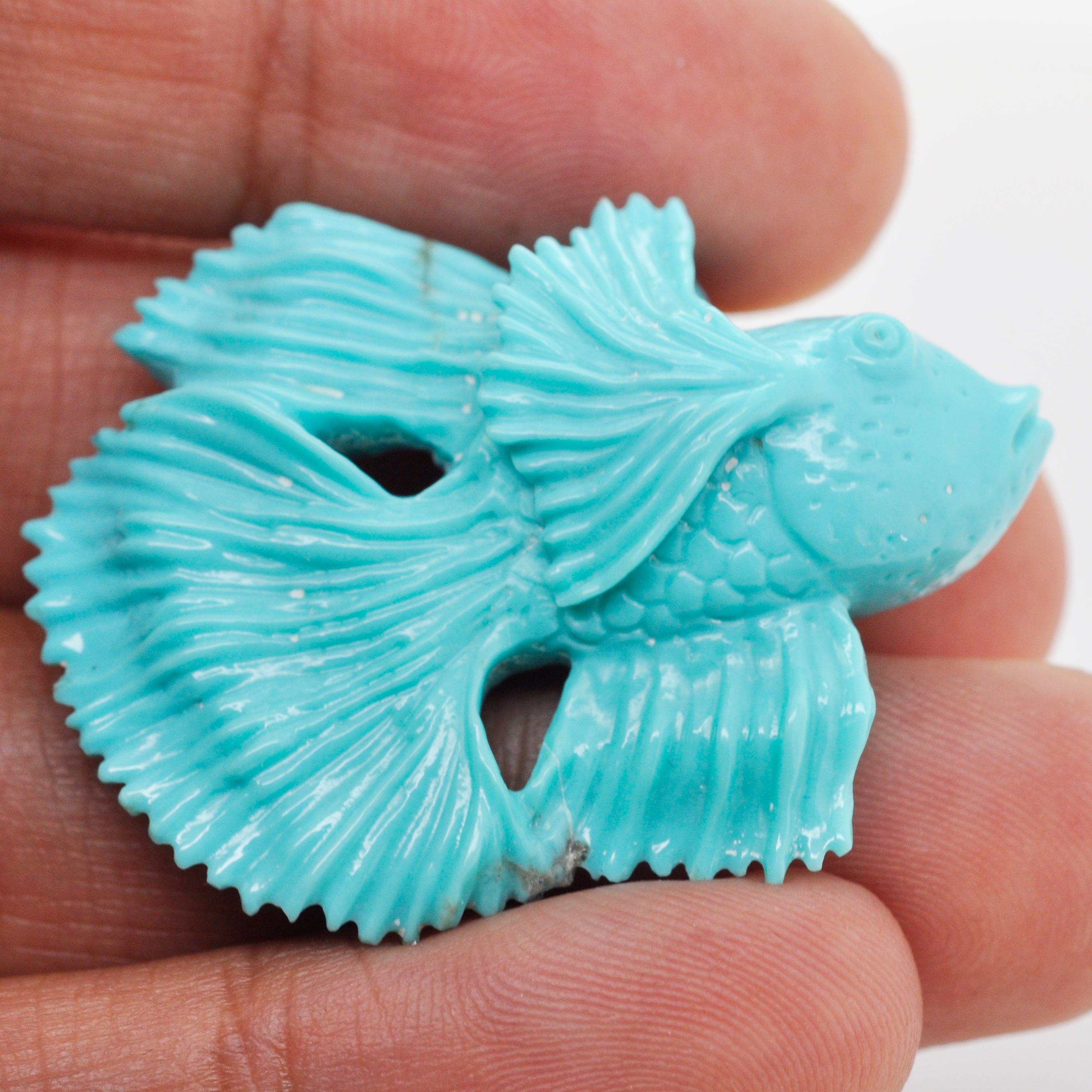 Women's or Men's Hand Carved 42.23 Carats Natural Arizona Turquoise Fish Loose Gemstone For Sale