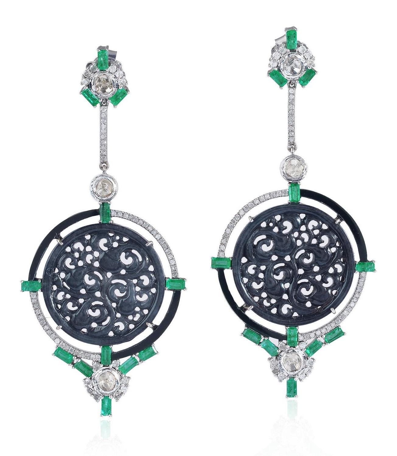 Artisan Hand Carved 30.0 Carat Jade Emerald Diamond Earrings For Sale