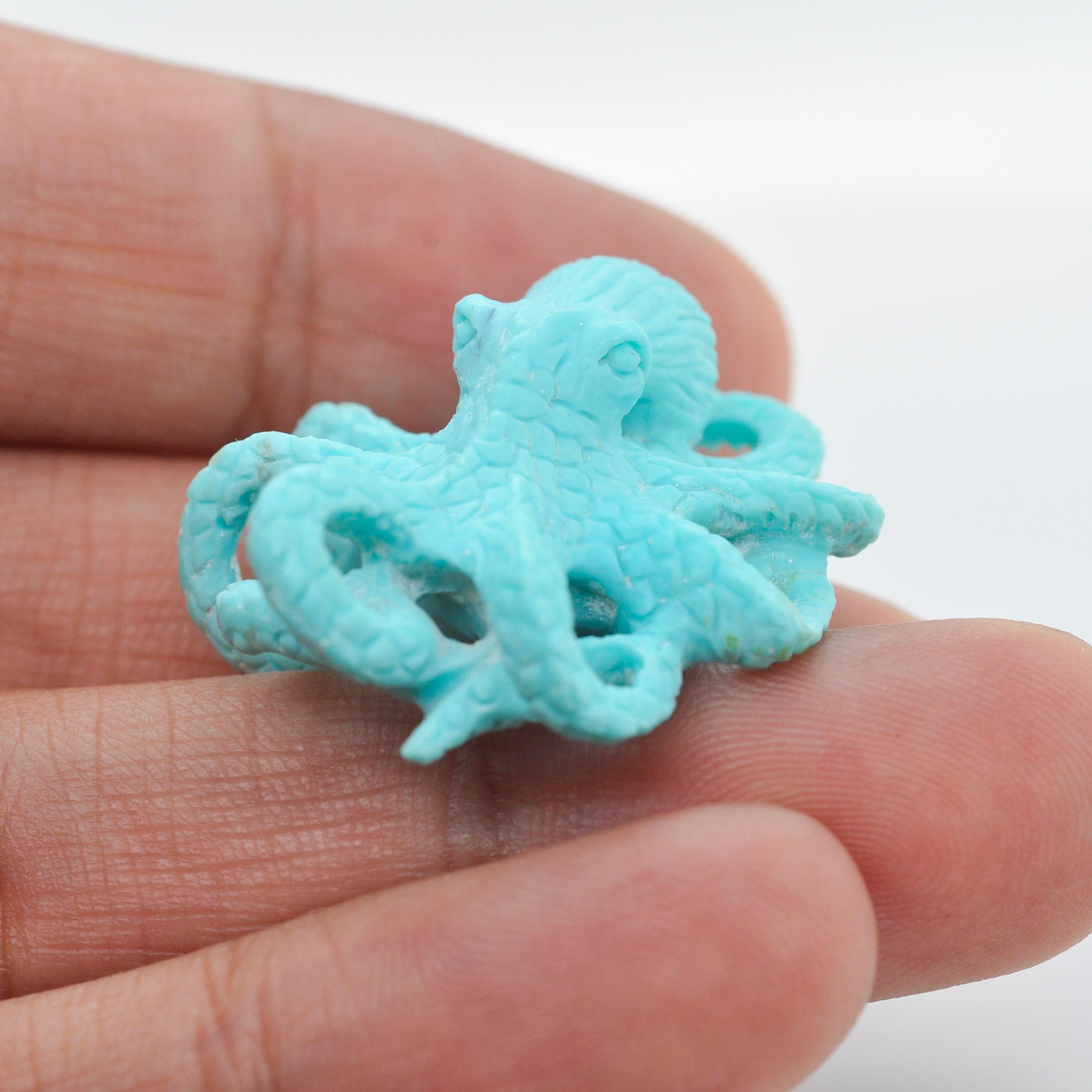 Contemporary Hand Carved 31.81 Carat Natural Arizona Turquoise Octopus Carving Pendant Brooch