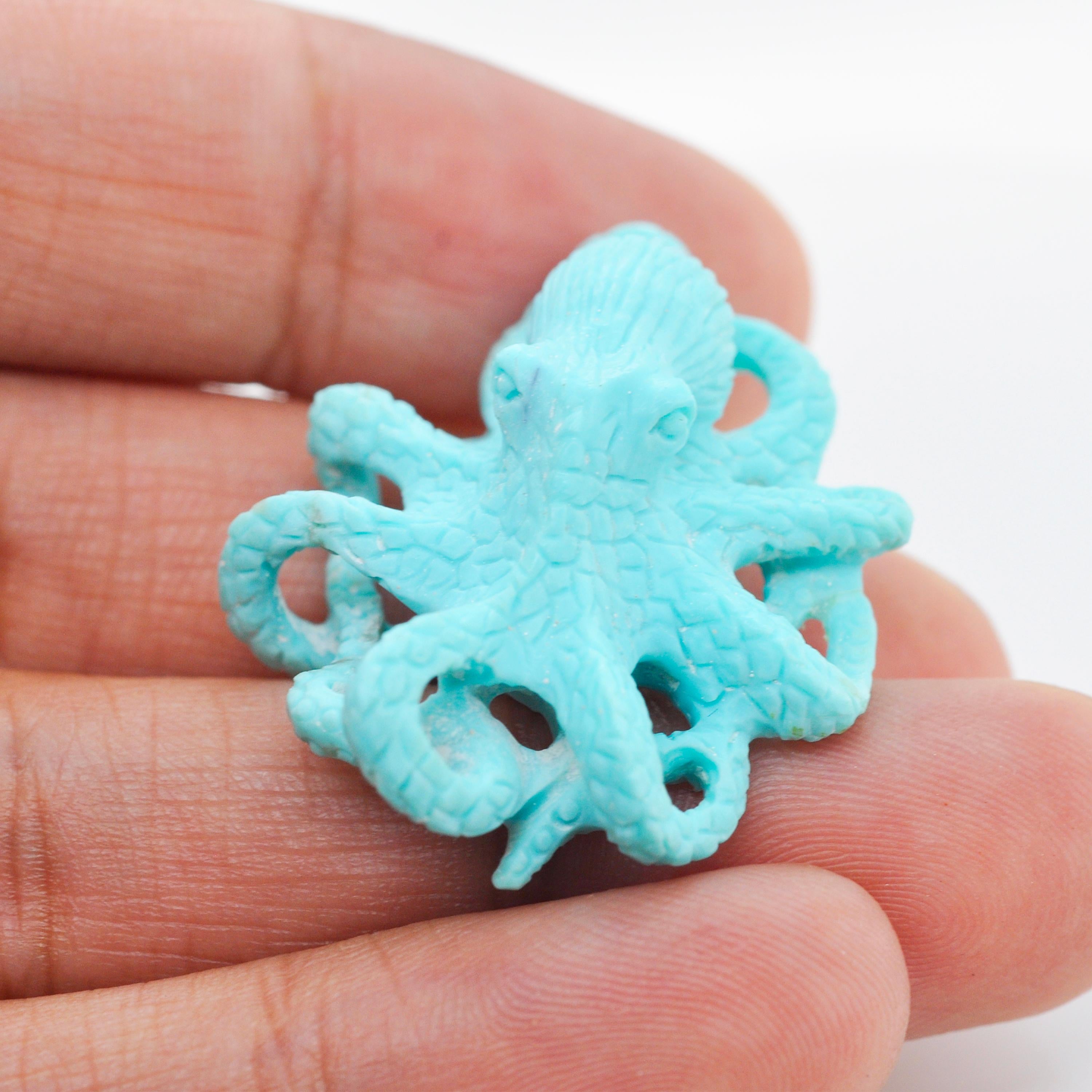 Mixed Cut Hand Carved 31.81 Carat Natural Arizona Turquoise Octopus Carving Pendant Brooch
