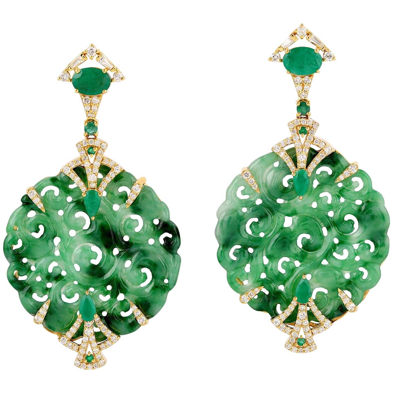 Carved 32.04 Carat Jade Emerald Diamond Earrings