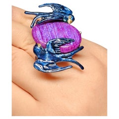 Hand-Carved 33ct Purple Moonstone Ring In 960 Silver With Hot Enamel