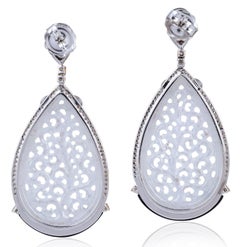 Carved 34.9 Carat Jade Black Onyx Diamond Earrings