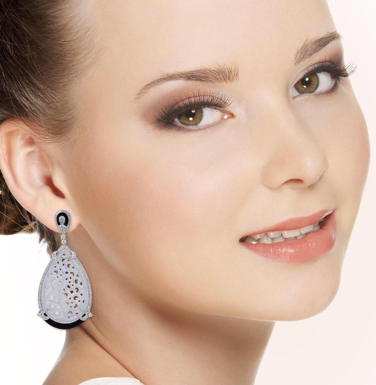 Artisan Carved 34.9 Carat Jade Black Onyx Diamond Earrings For Sale