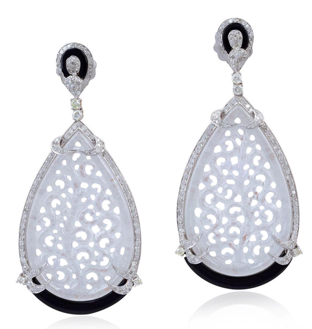 Pear Cut Carved 34.9 Carat Jade Black Onyx Diamond Earrings For Sale