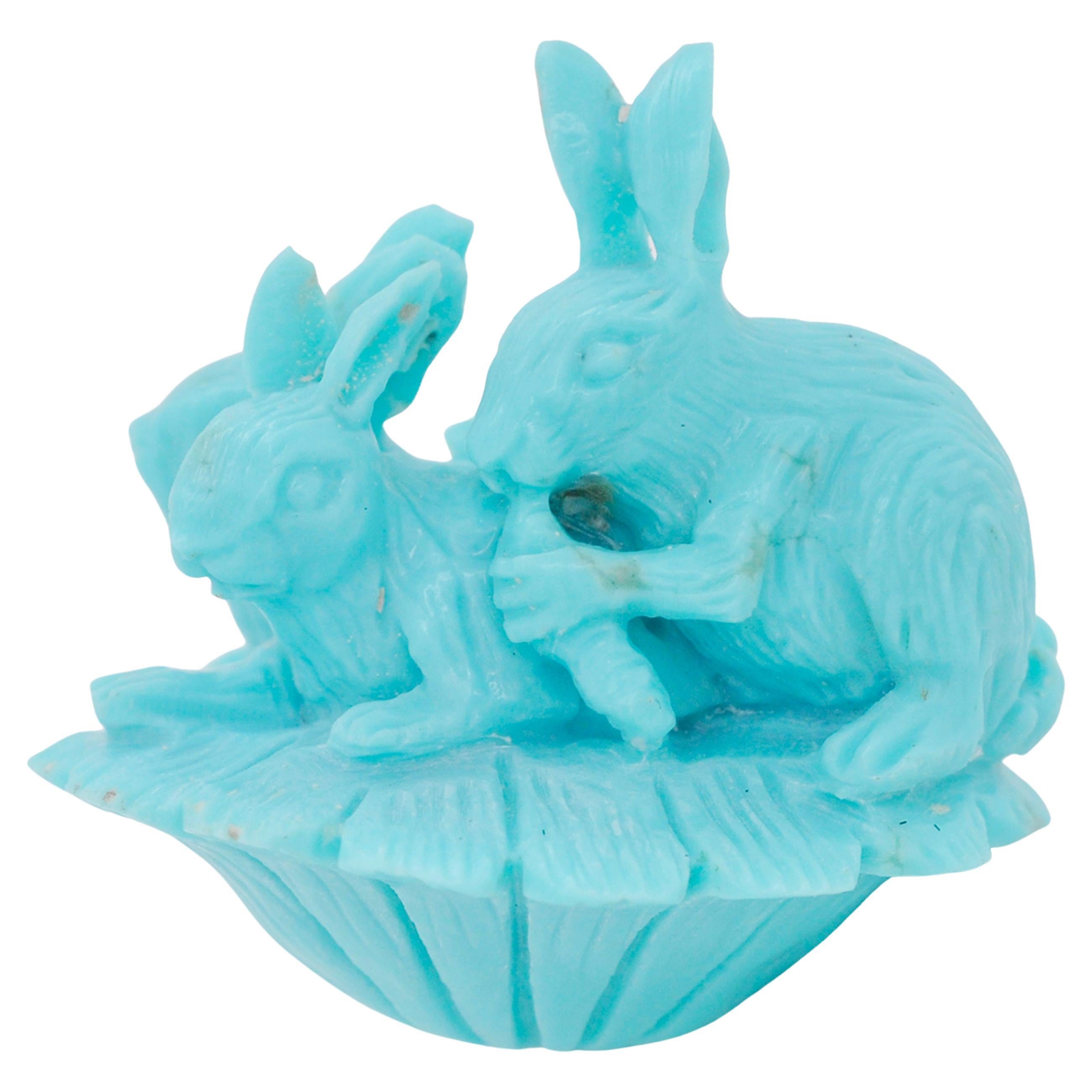 Hand-Carved 34.97 Carats Natural Arizona Turquoise Rabbit Loose Gemstone For Sale