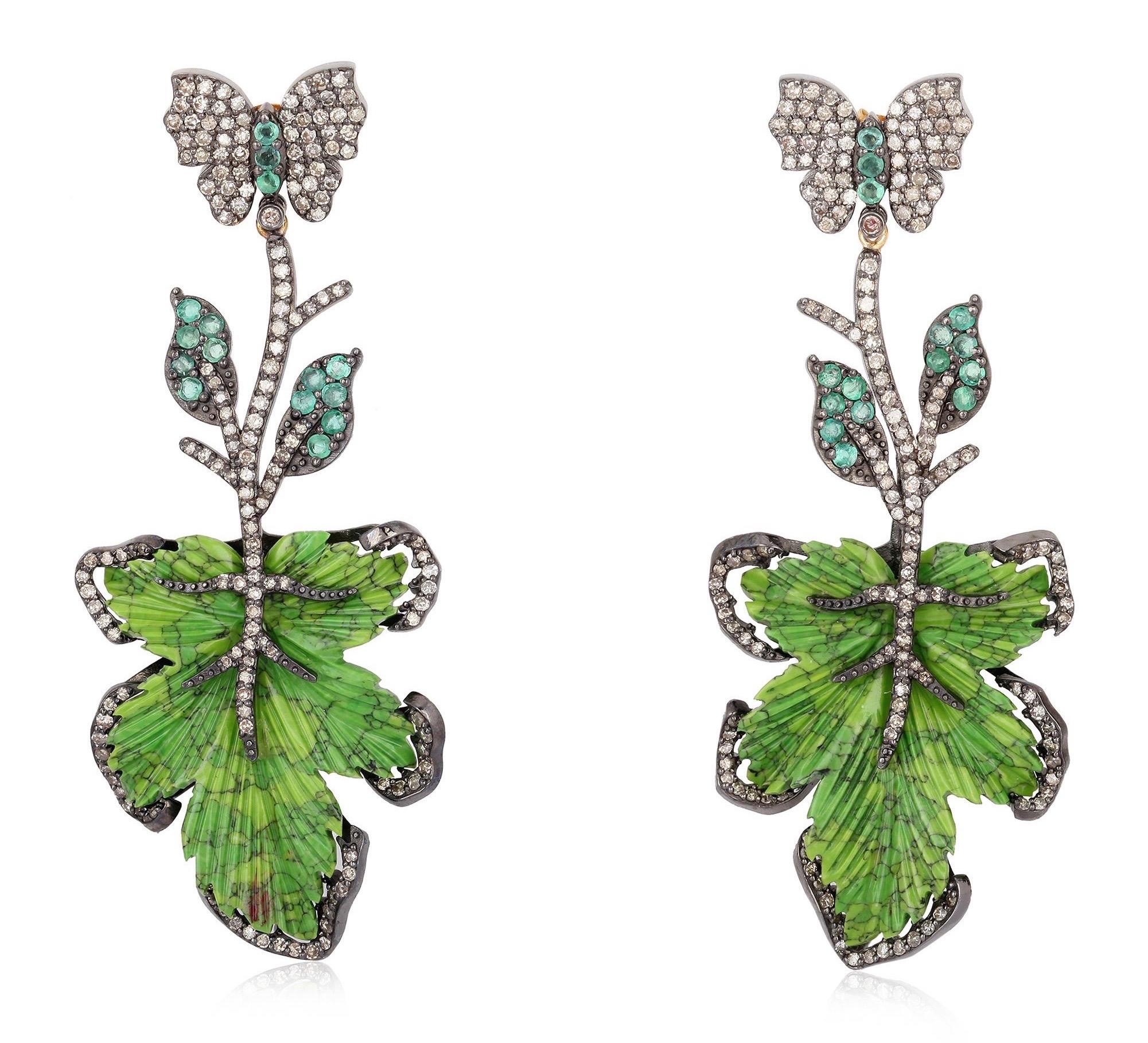 Mixed Cut Hand Carved 39.64 Carat Turquoise Emerald Diamond Leaf Earrings For Sale
