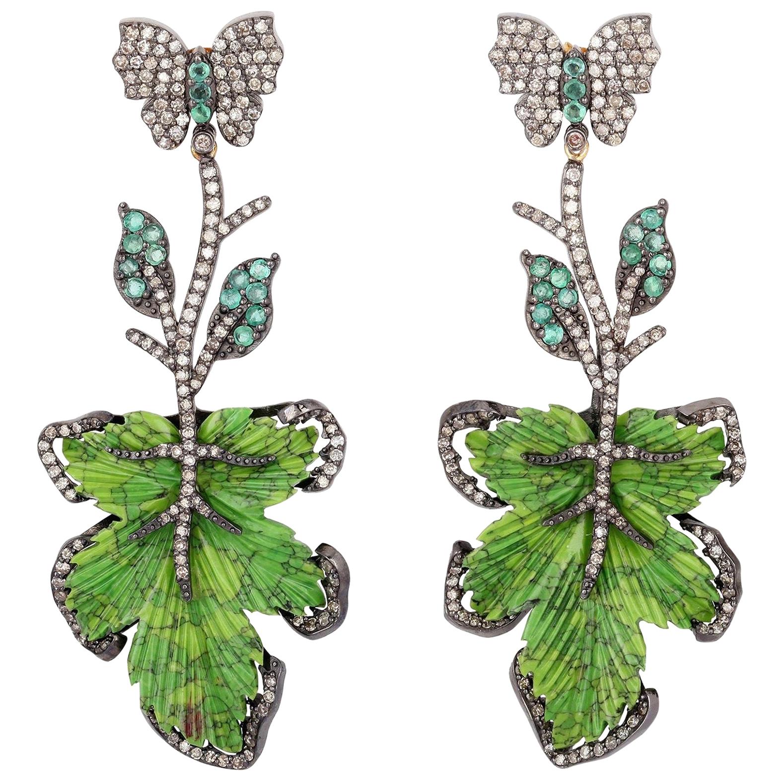 Hand Carved 39.64 Carat Turquoise Emerald Diamond Leaf Earrings For Sale
