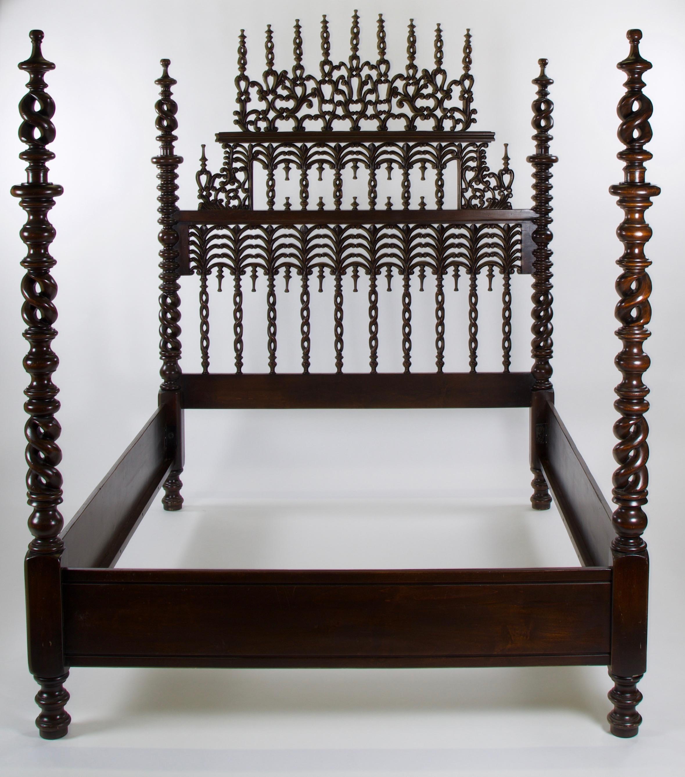 This Queen size 4-poster bed is hand carved with elaborate details, spiral turned post, 3D open spiral twist spindles, and Moorish details represented by the repetition of arches. It is carved and turned from solid alder wood which is known for its