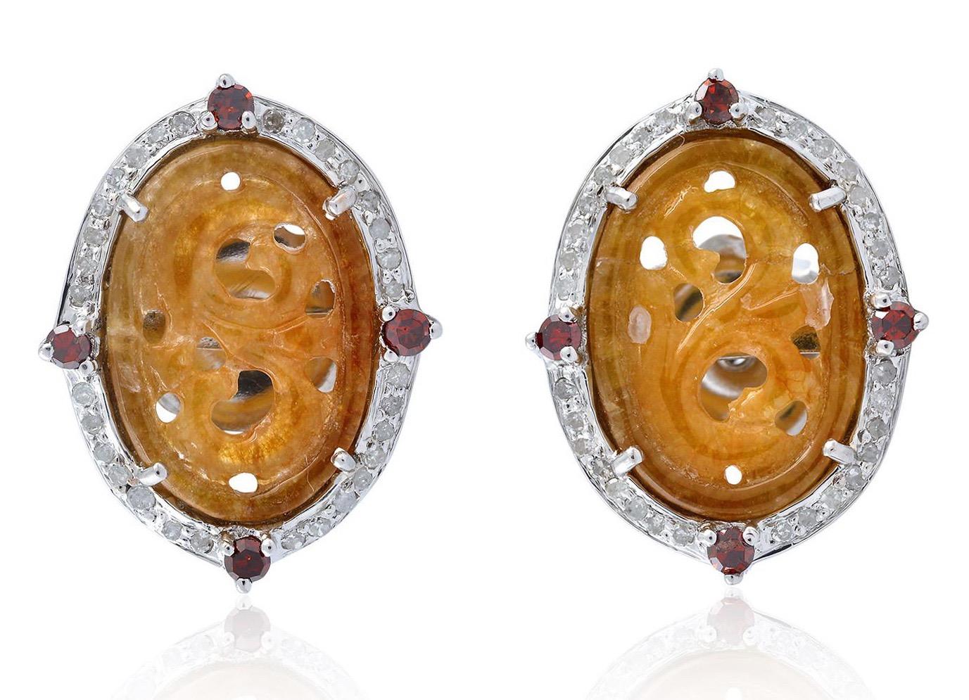 Oval Cut Carved 4.35 Carat Brown Jade Diamond Stud Earrings For Sale