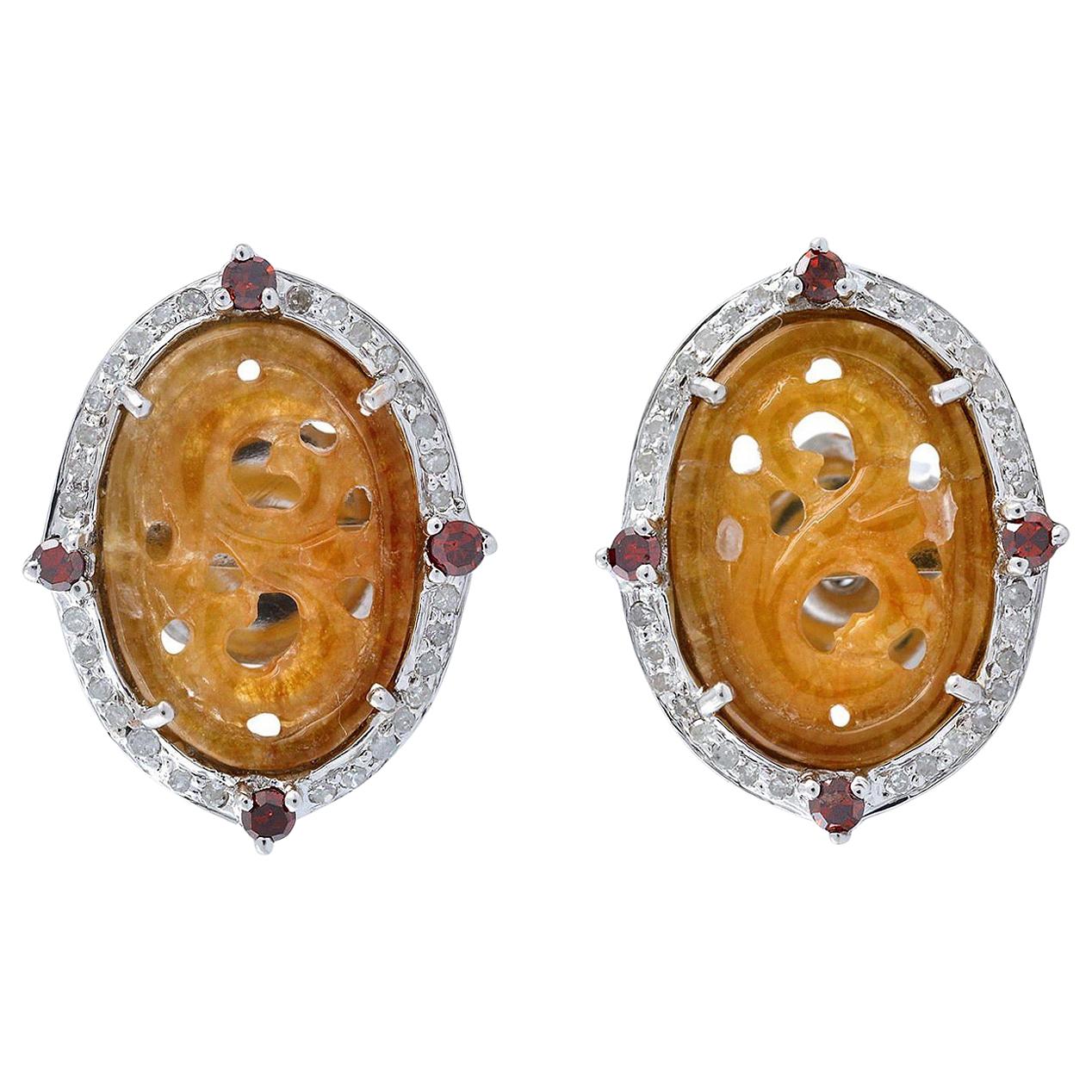 Carved 4.35 Carat Brown Jade Diamond Stud Earrings For Sale