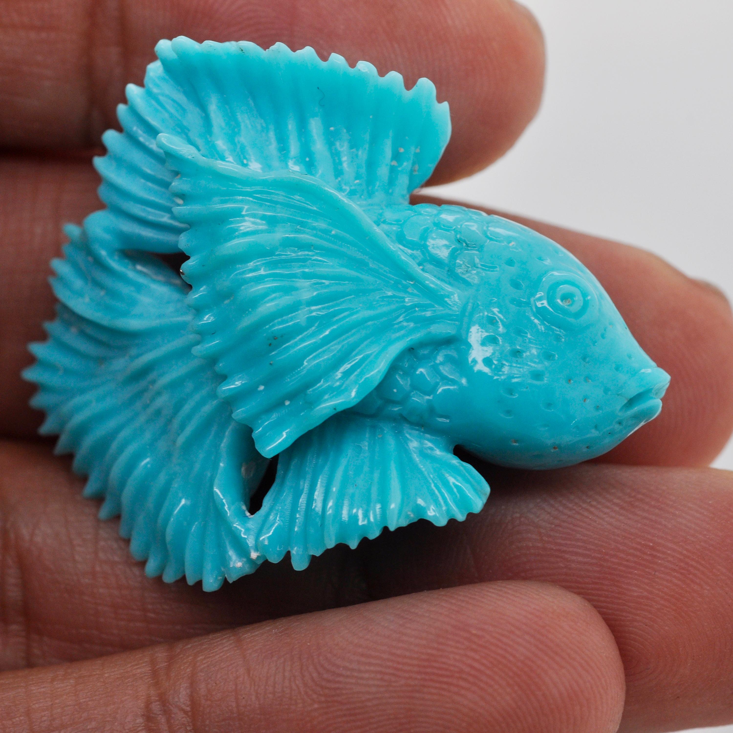 Contemporary Hand Carved 50.14 Carats Natural Arizona Turquoise Siamese Fish Loose Gemstone For Sale