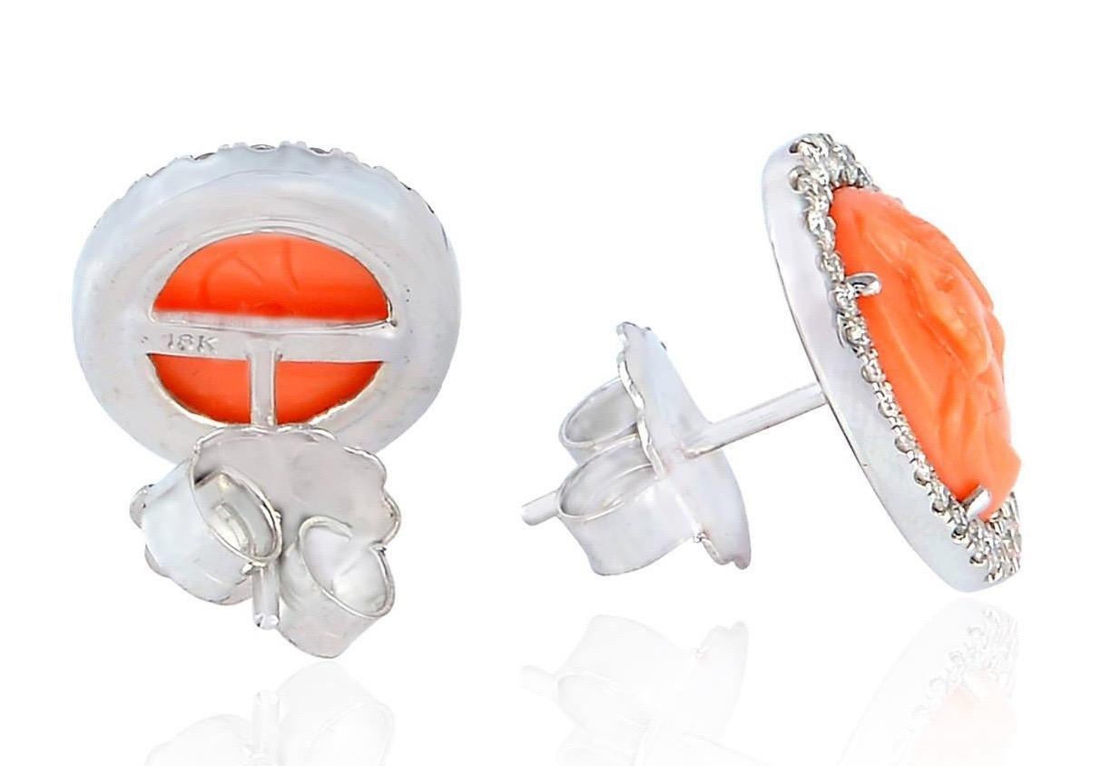 Modern Carved Coral Diamond 14 Karat Gold Stud Earrings For Sale