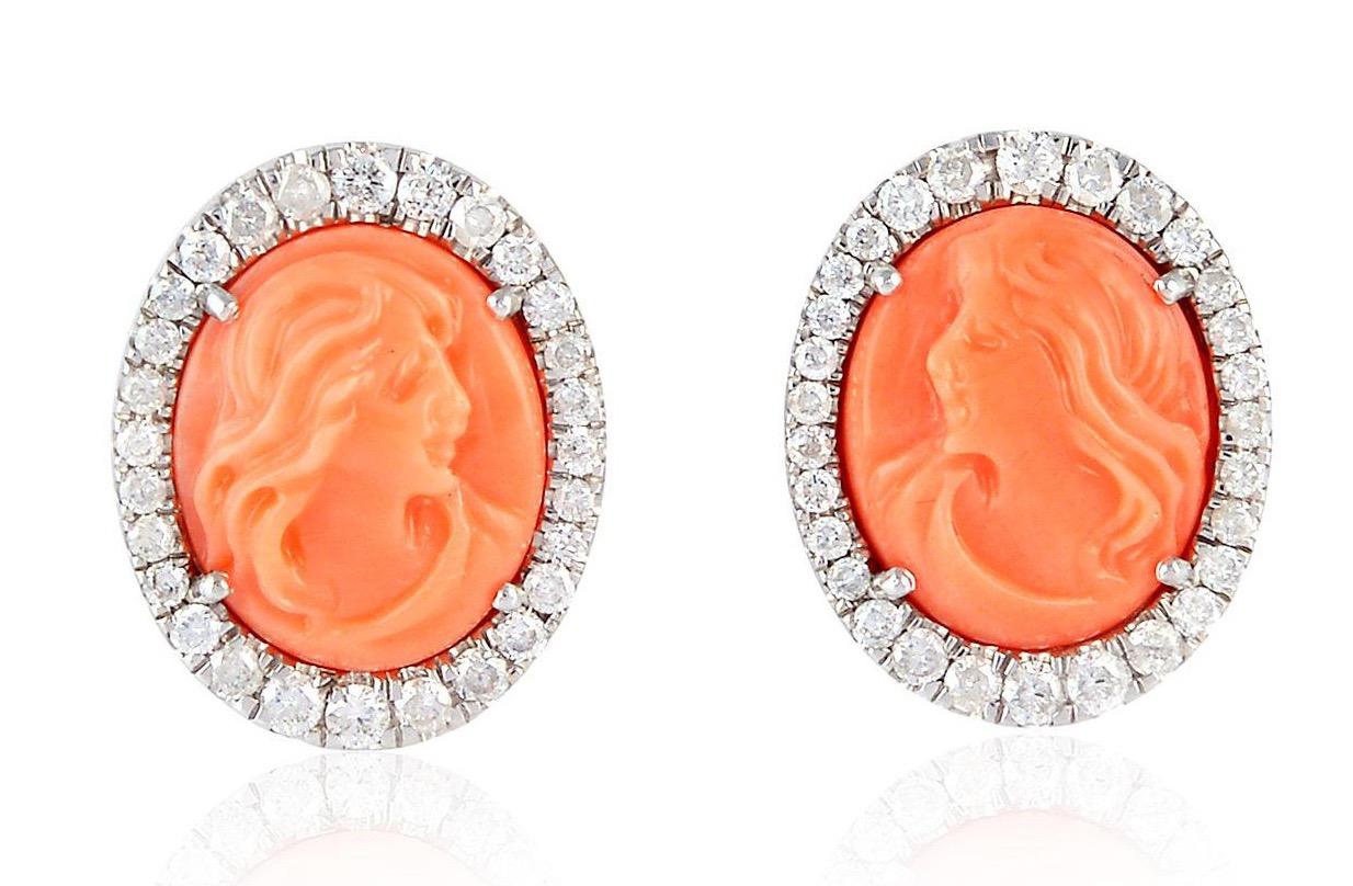 Oval Cut Carved Coral Diamond 18 Karat Gold Stud Earrings For Sale