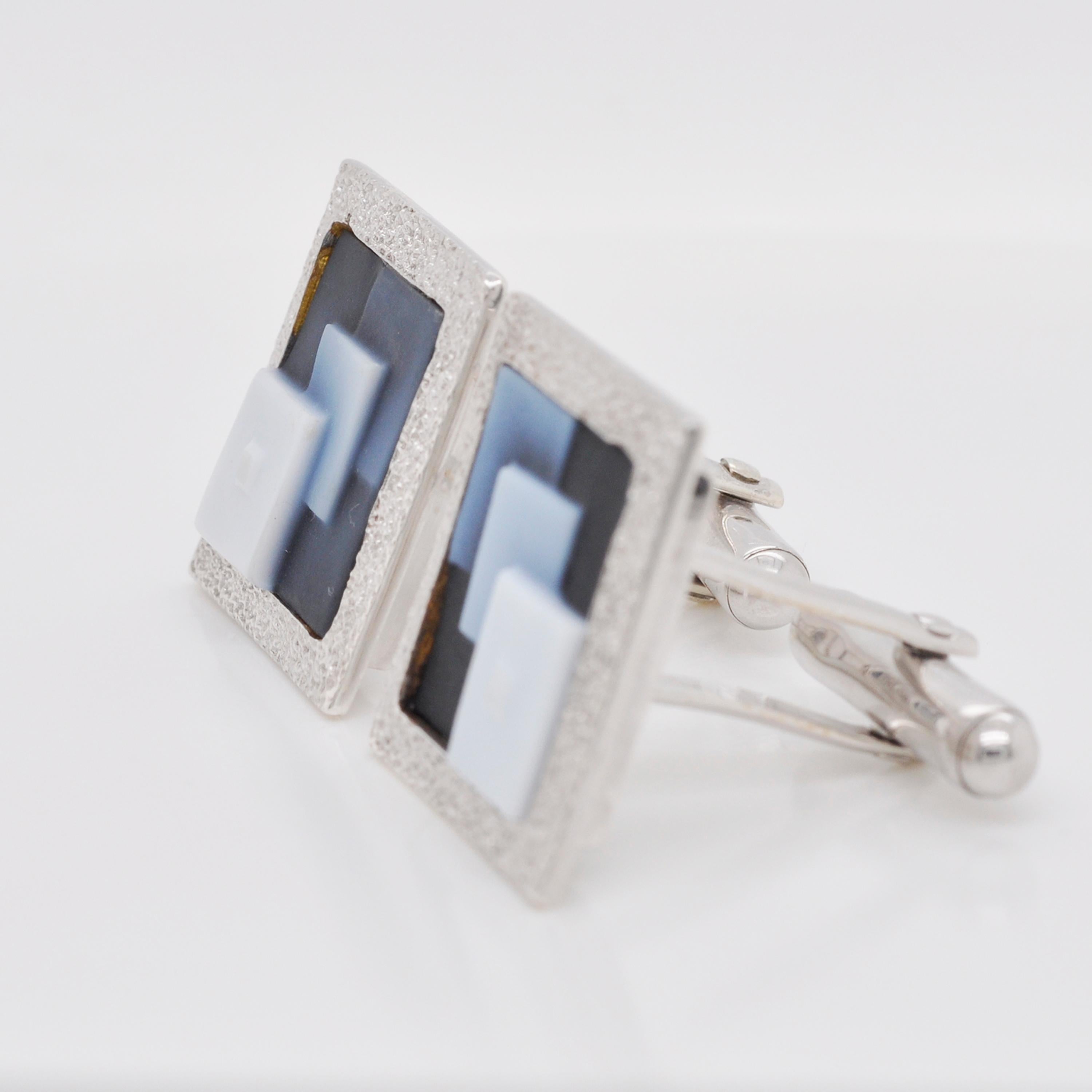 Women's or Men's Hand-Carved Abstract Design Square Agate Cameo 925 Sterling Silver Cufflinks For Sale