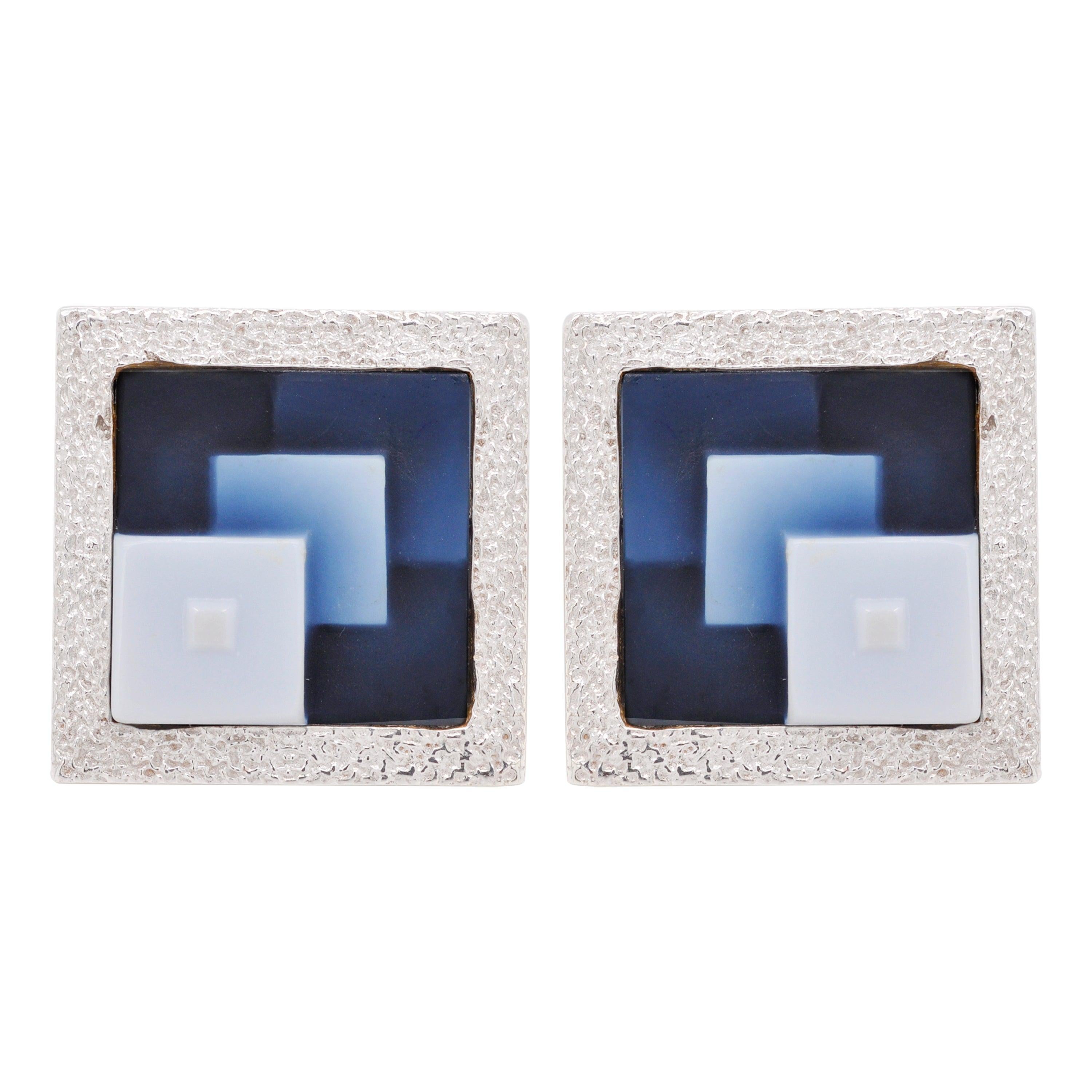 Hand-Carved Abstract Design Square Agate Cameo 925 Sterling Silver Cufflinks