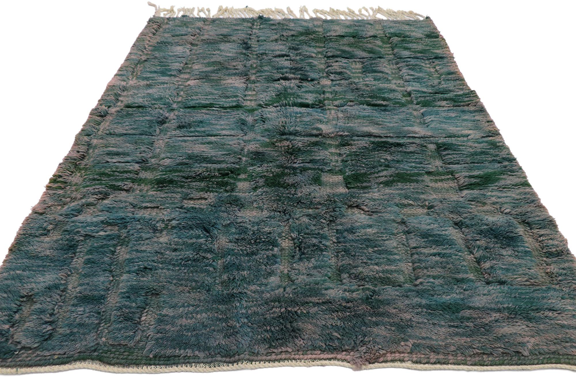 Tribal Hand-Carved Abstract Moroccan Rug, Opaque Gouache Meets Earth-Tone Elegance For Sale