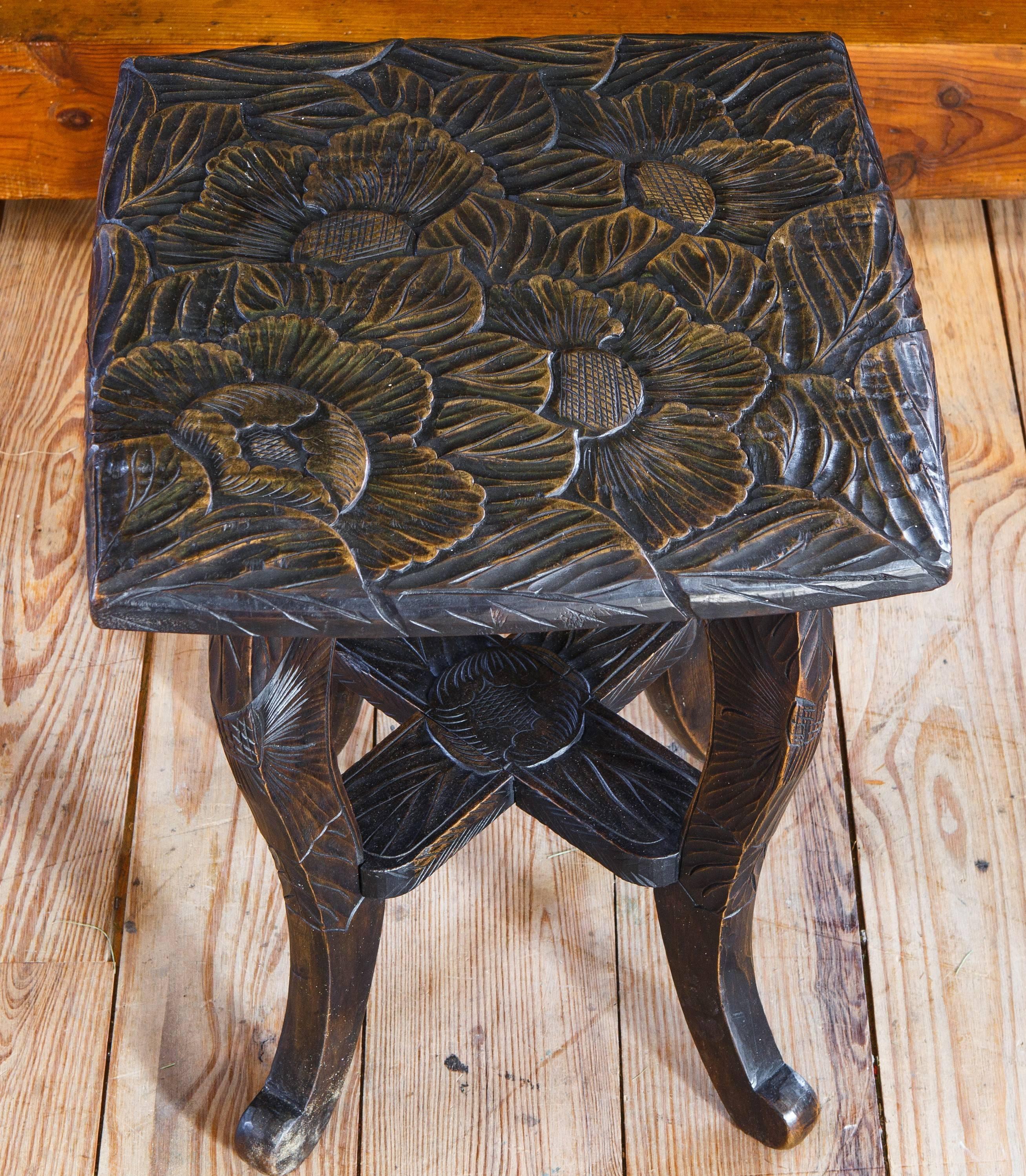 English Hand Carved Aesthetic Movement Table/ Stool with Floral Design For Sale