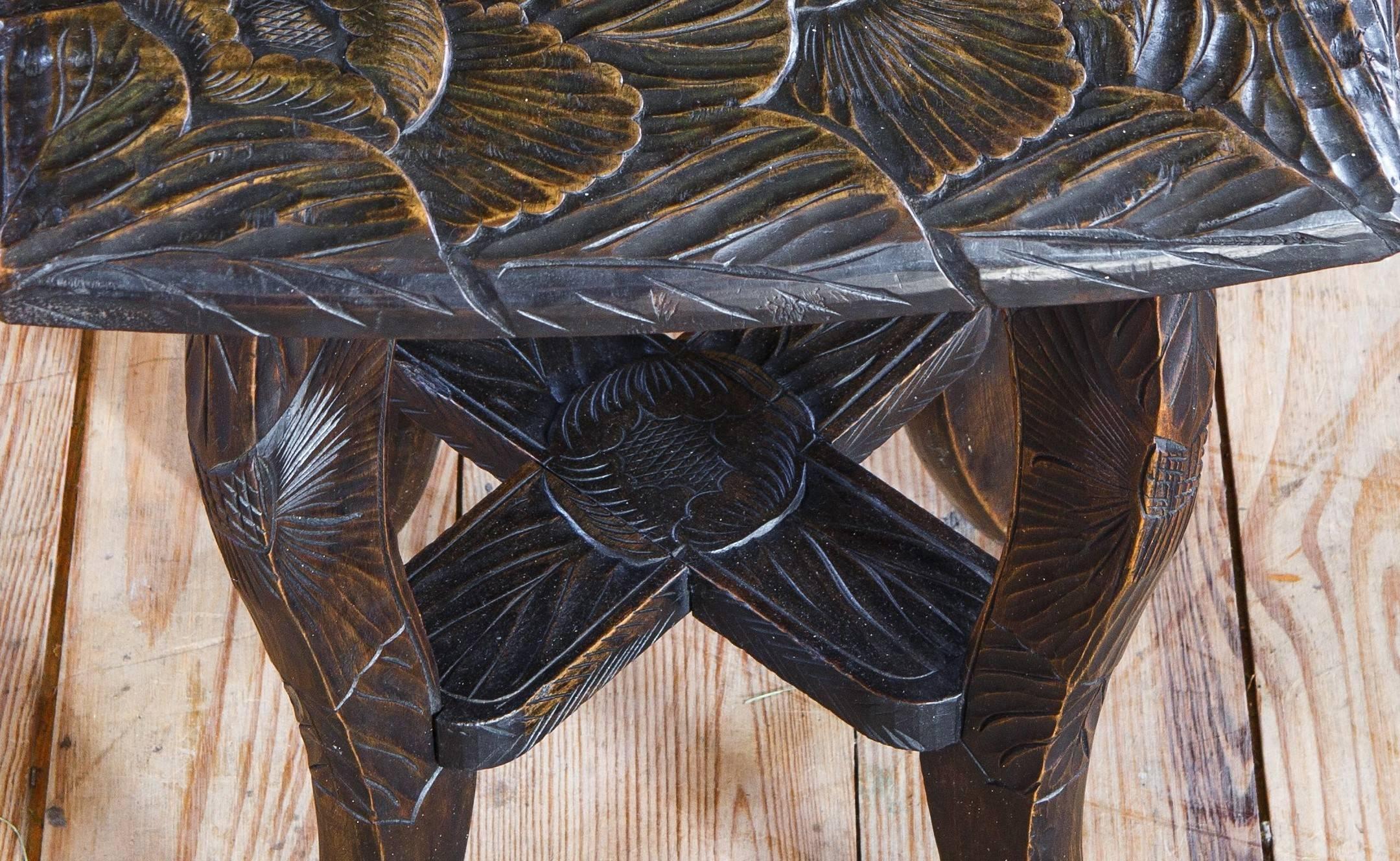 Wood Hand Carved Aesthetic Movement Table/ Stool with Floral Design For Sale