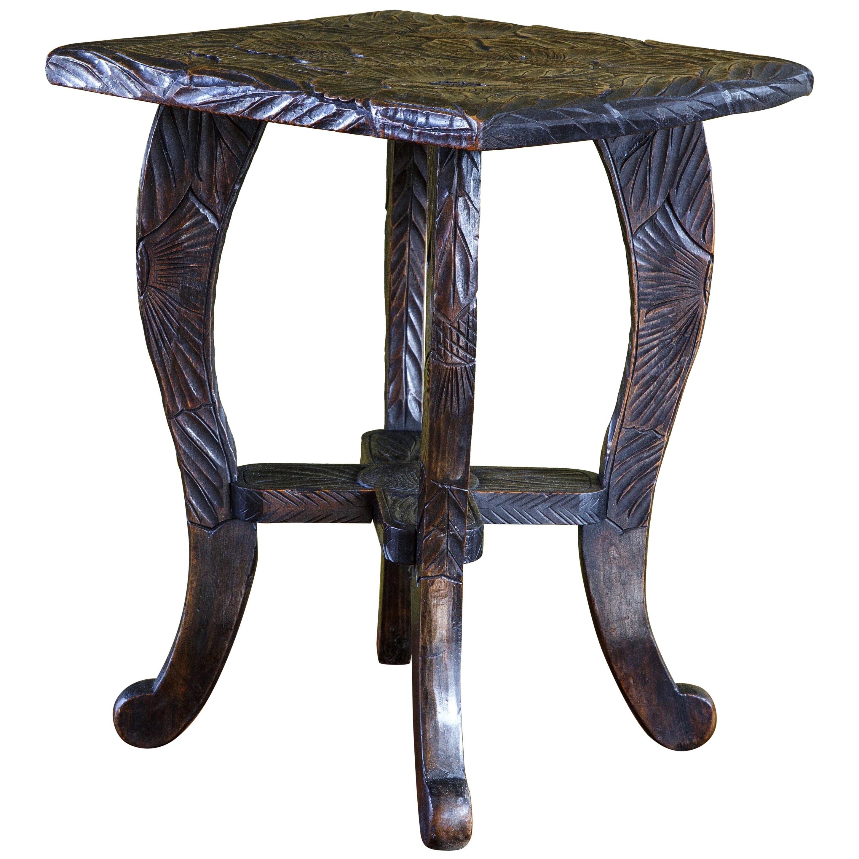 Hand Carved Aesthetic Movement Table/ Stool with Floral Design