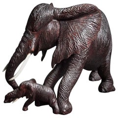 Hand Carved African Elephant with Baby