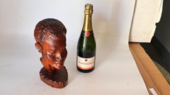 Hand-Carved African Head Sculpture in Patinated Wood – Mid-Century Decoration