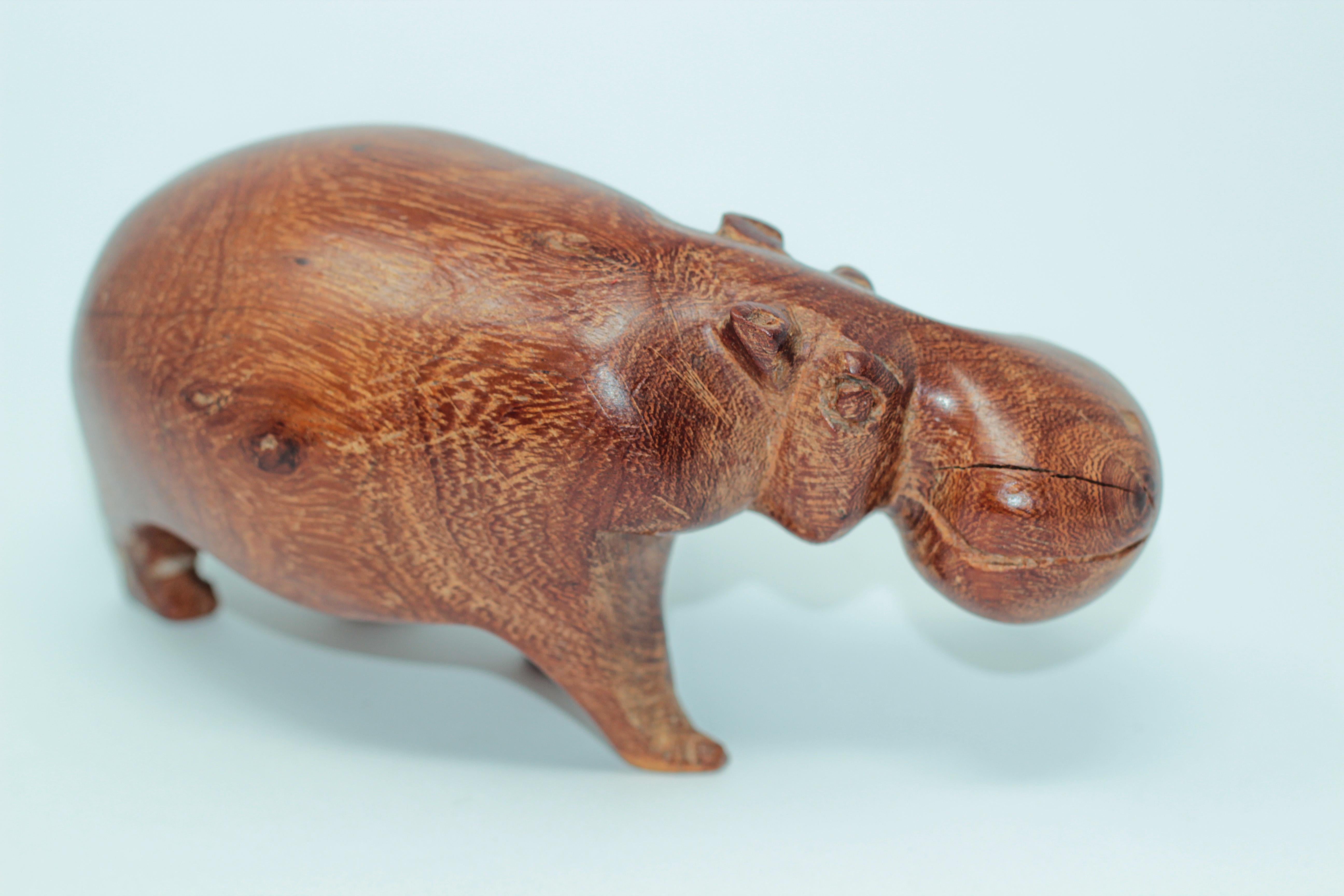 Folk Art Hand Carved African Hippopotamus Wooden Sculpture