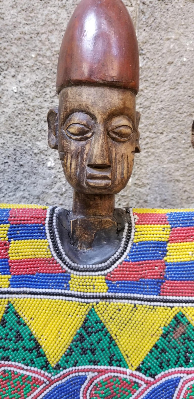 Hand Carved African Wood and Beaded Sculpture For Sale at 1stDibs