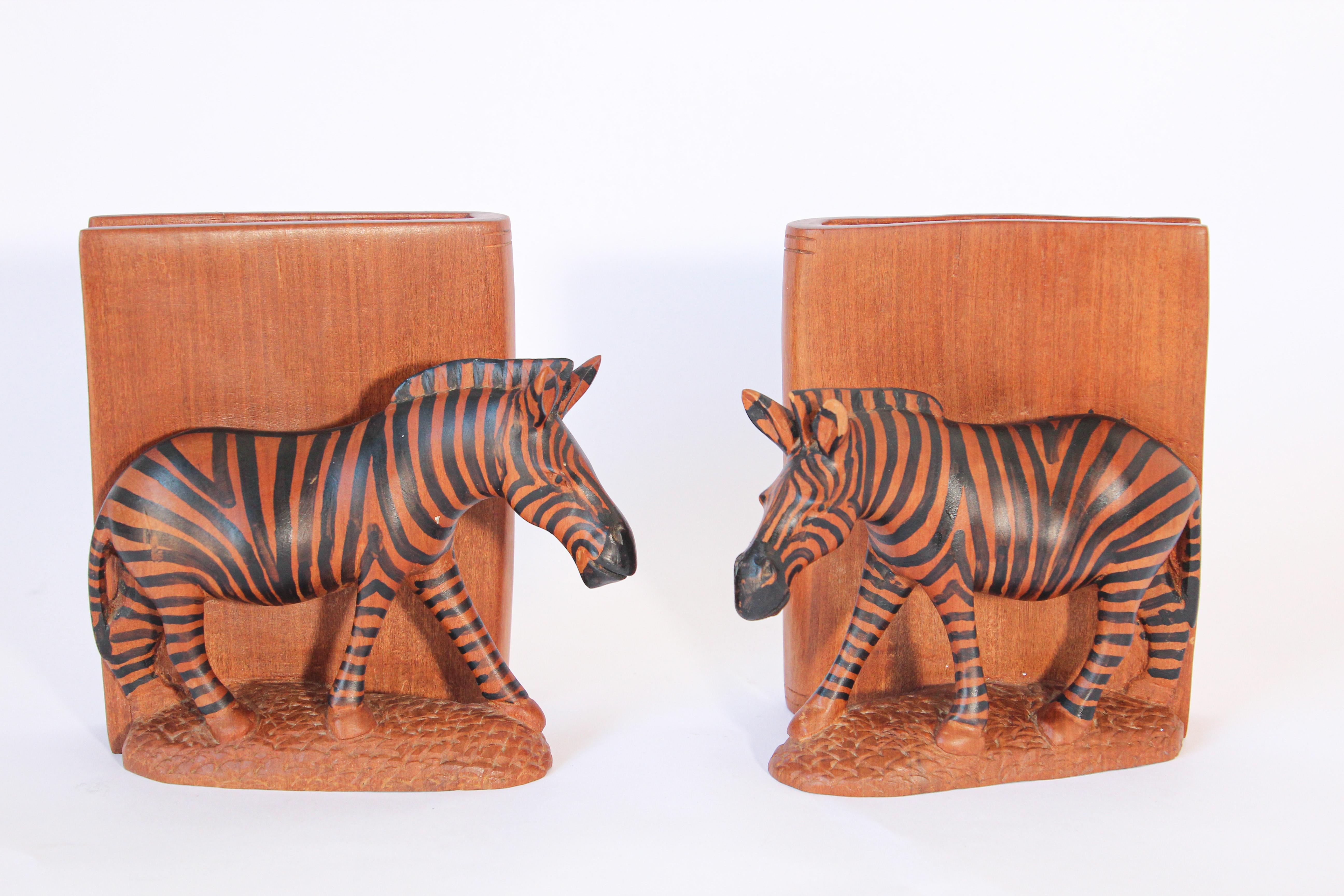 Hand Carved African Zebra Bookends For Sale 1