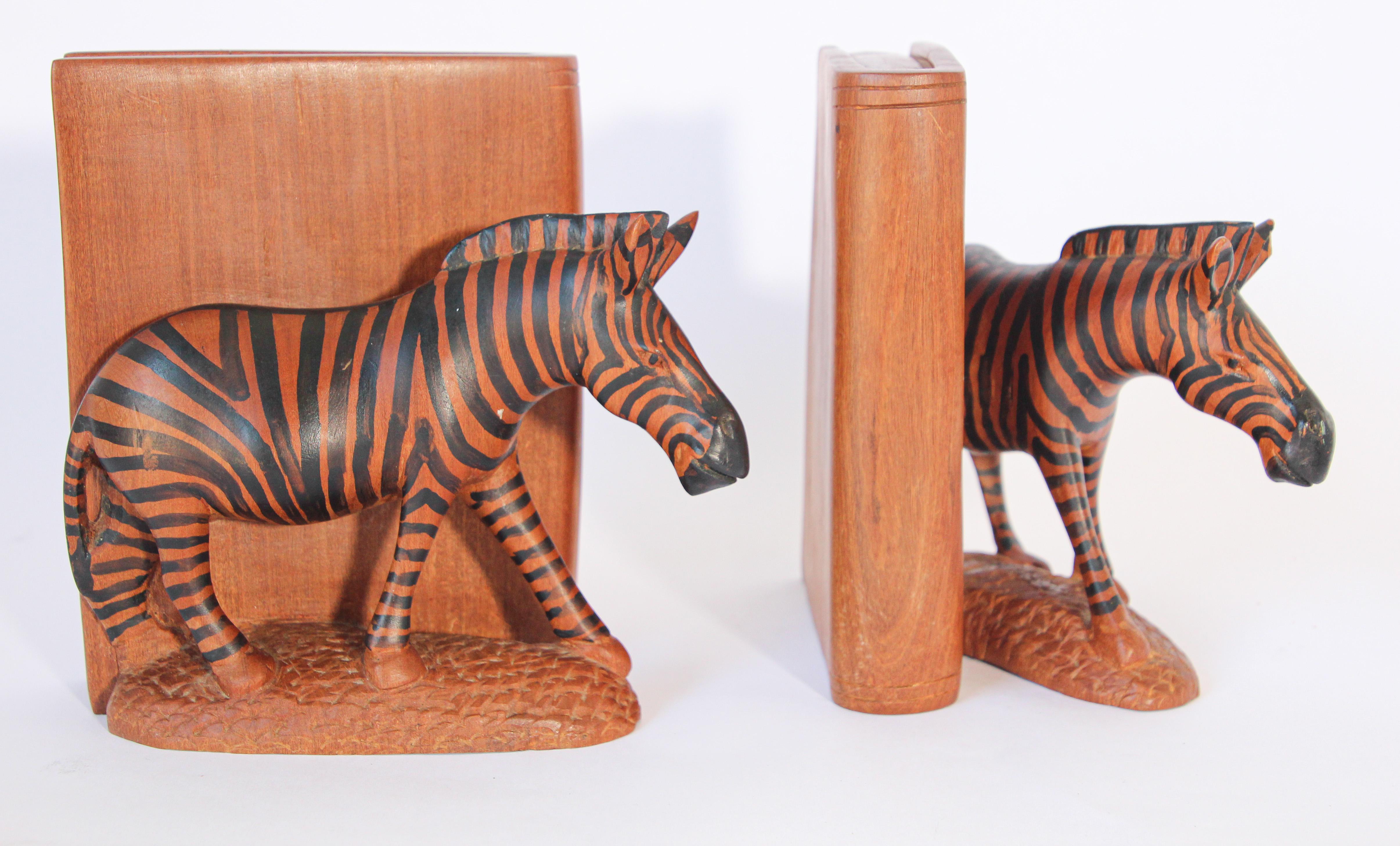 Folk Art Hand Carved African Zebra Bookends For Sale