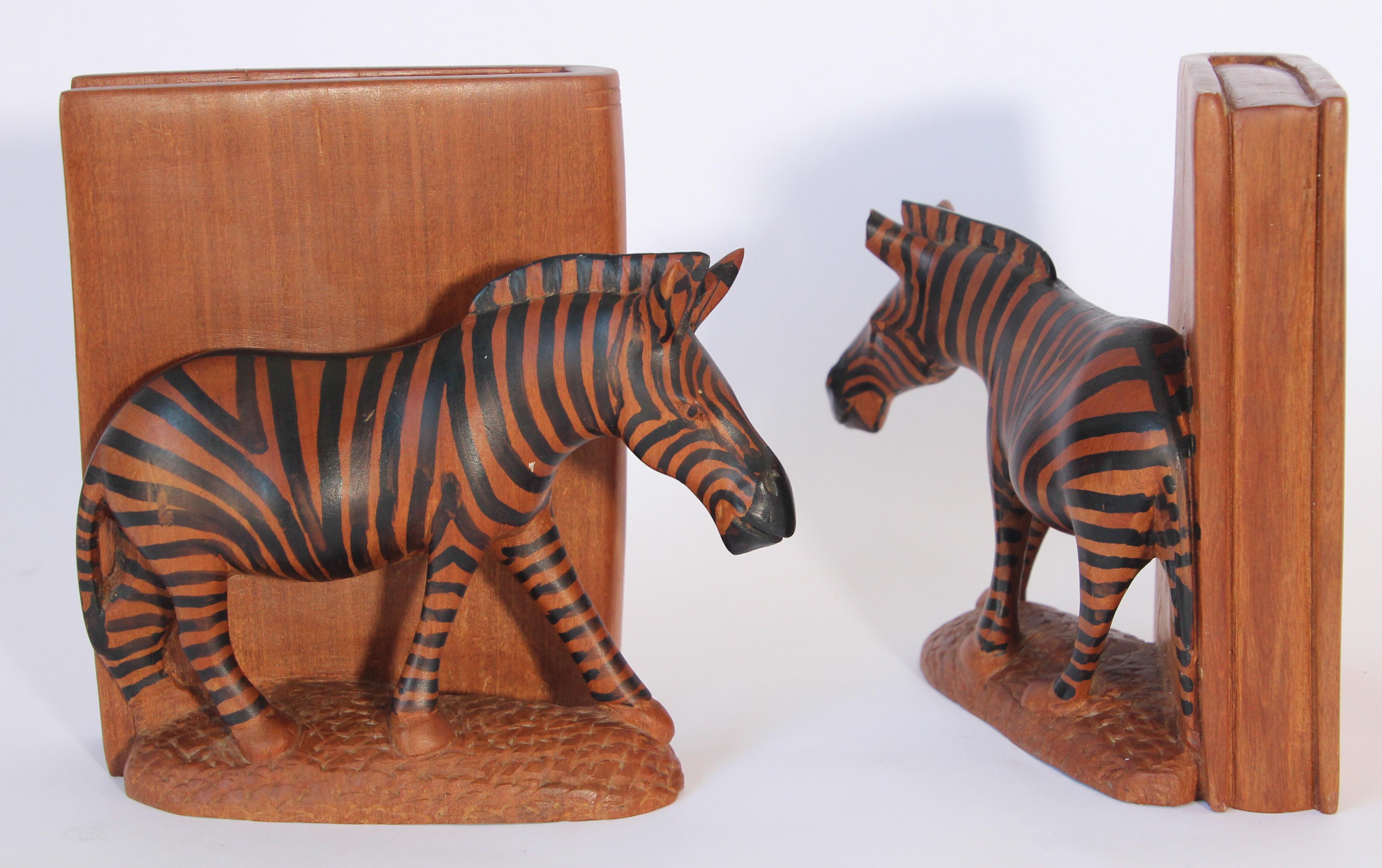 Kenyan Hand Carved African Zebra Bookends For Sale