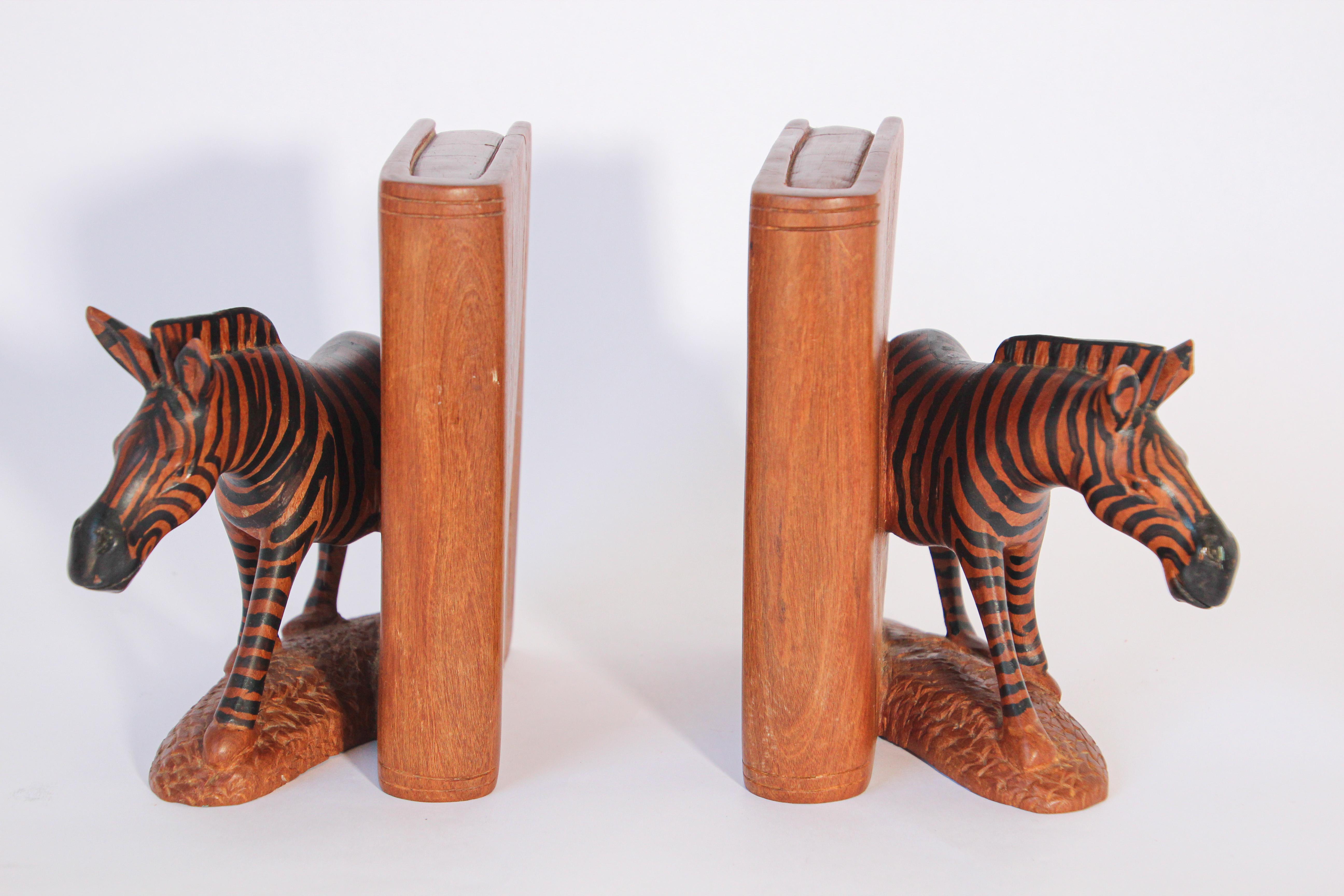 Hardwood Hand Carved African Zebra Bookends For Sale
