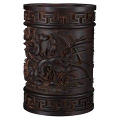 Hand-Carved Agarwood Brush Pot with Mandarin Duck Water Motif