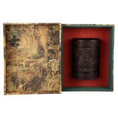 Hand-Carved Agarwood Brush Pot with Mandarin Duck Water Motif