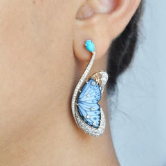 Hand-Carved Agate Butterfly Turquoise Diamond Flutter Gold Earrings
