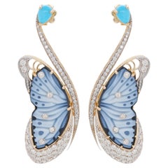 Hand-Carved Agate Butterfly Turquoise Diamond Flutter Gold Earrings