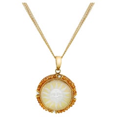 Hand Carved Agate Cameo, Seed Pearl, Yellow Gold Filegree Pendant Necklace