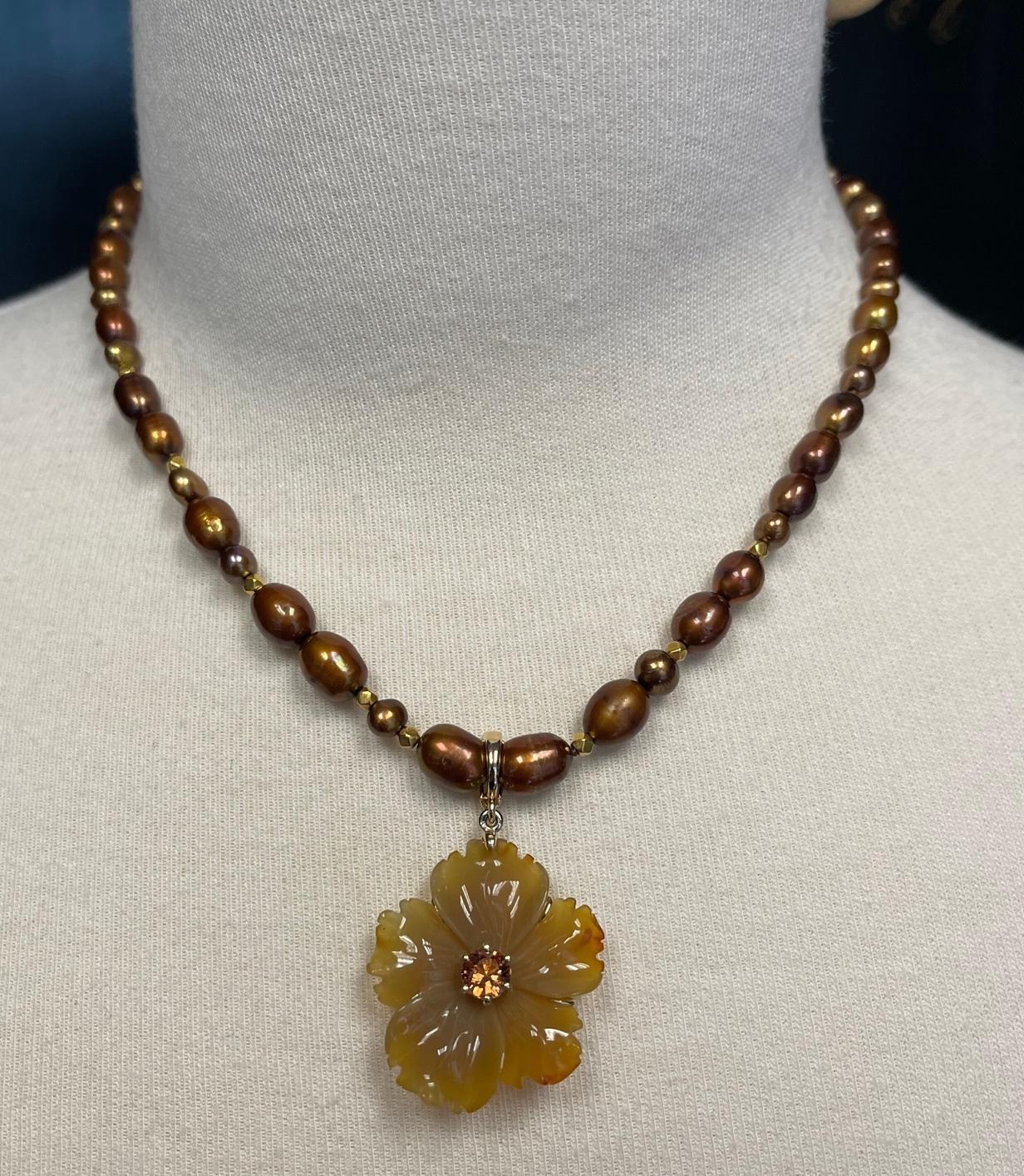 Hand Carved Agate Flower Enhancer and Coffee Colored Freshwater Pearl Necklace  For Sale 1