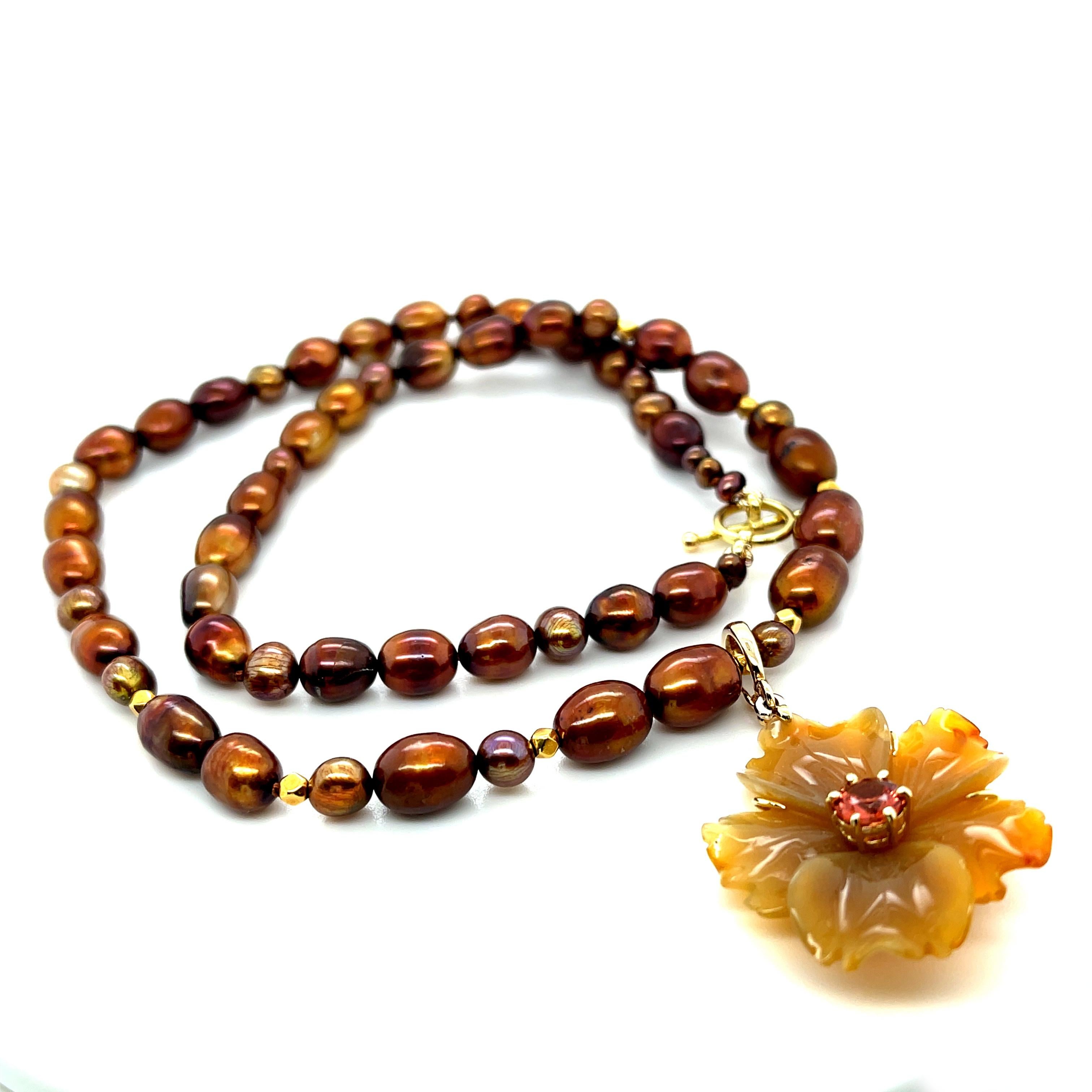 Hand Carved Agate Flower Enhancer and Coffee Colored Freshwater Pearl Necklace  In New Condition For Sale In Los Angeles, CA